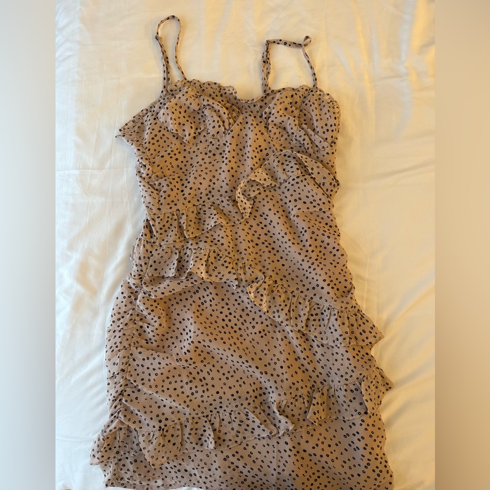 Chic Tan Polka Dot Ruffle Mini Dress